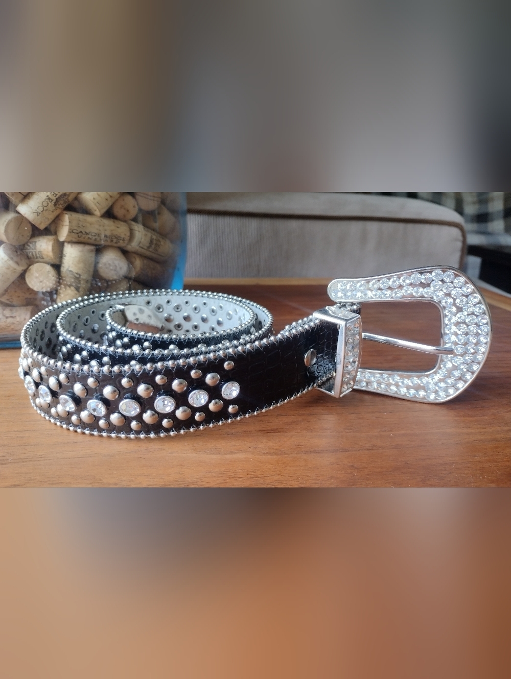 Embellished Black Leather Western Belt with Crystal Buckle